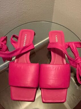 Carrano Hot Pink Leather Lace-Up Heels Square Toe Statement Sandals Size 9